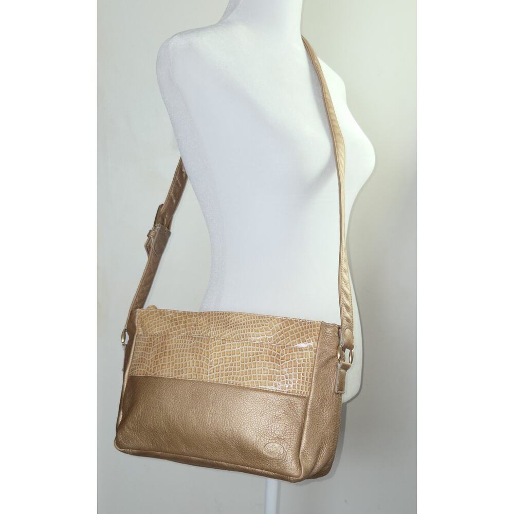 Vintage SAS Metallic Bronze Gold Crossbody Purse Handbag Croc Accents